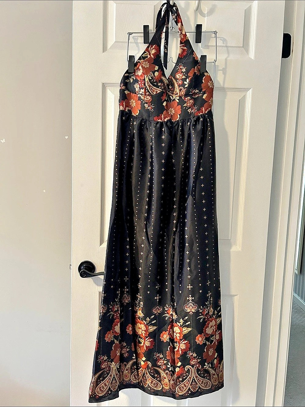 Y2K Forever 21 Floral Silky Halter Maxi Dress Black Cream & Brown, Like New